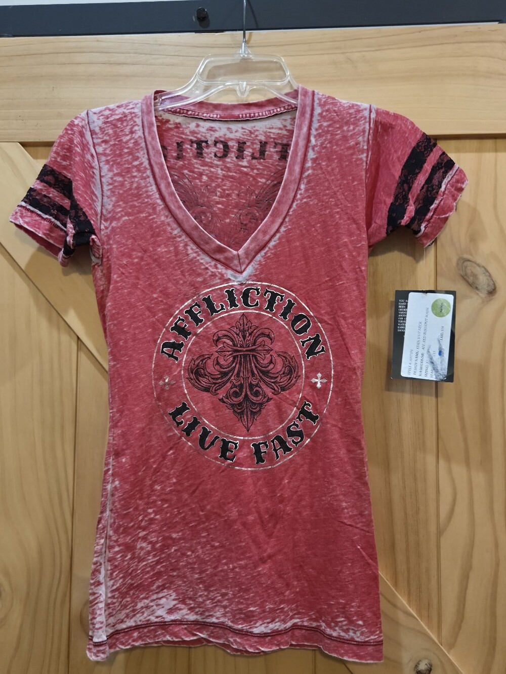 NWT | Affliction Live Fast Wings Distressed Lace Detail V-Neck Tee | Small